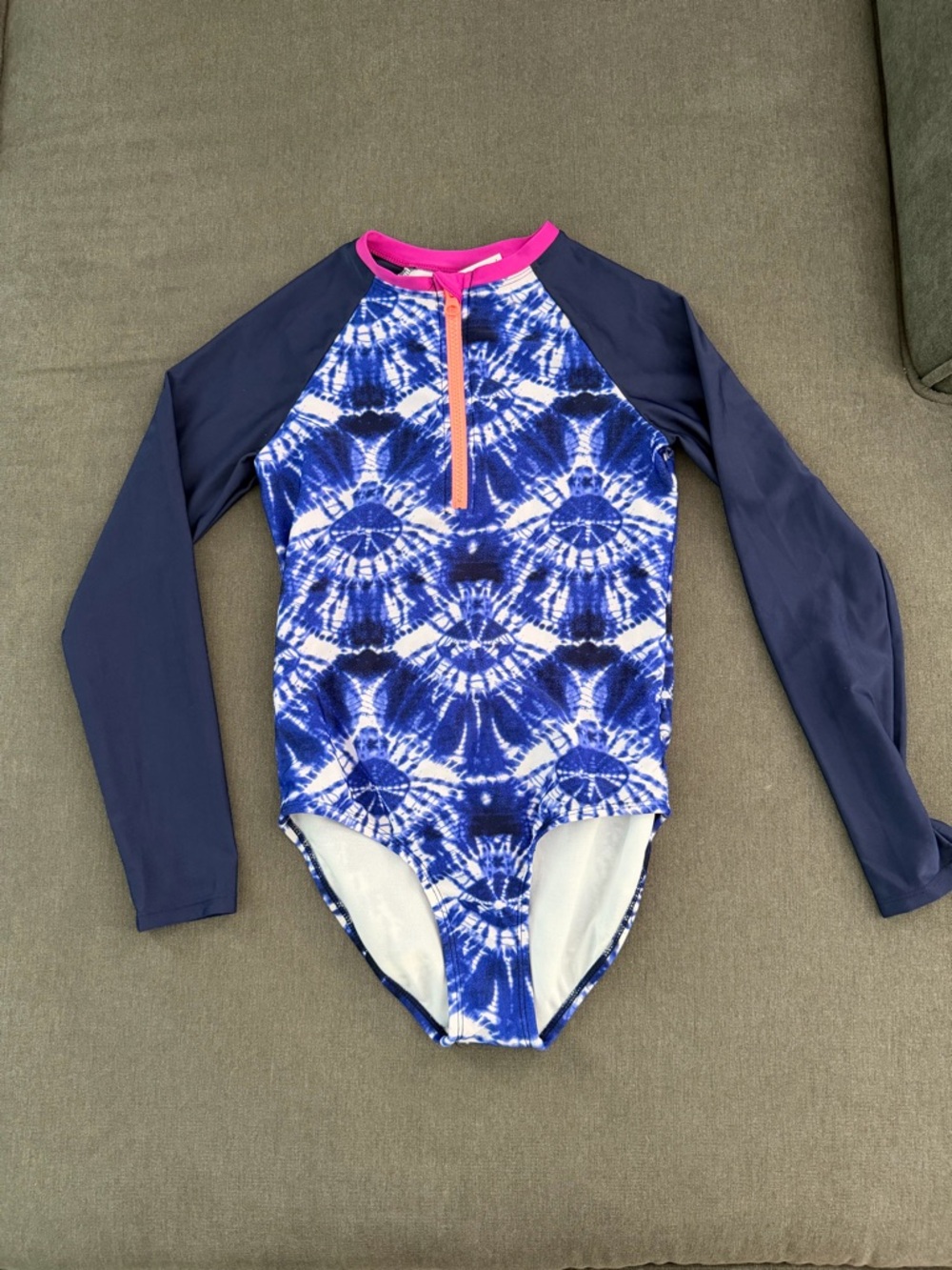 art class Navy Blue Tie-Dye Long Sleeve One-Piece Swimsuit with Pink Trim